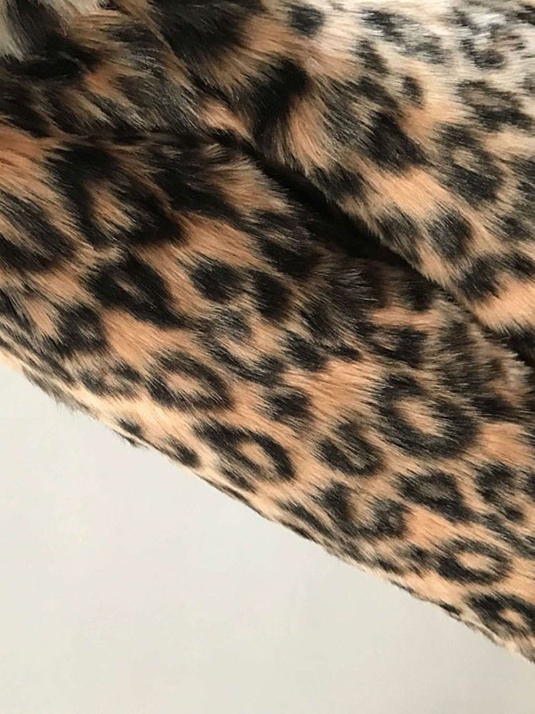 Lapel Medellånga Leopard Vinter Lös Dam Faux Fur Overcoat