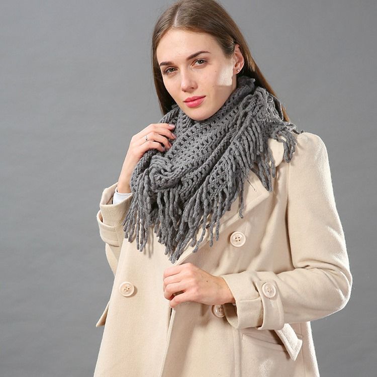Pure Color Stickning Hollow Out Tofs Scarf För Kvinnor