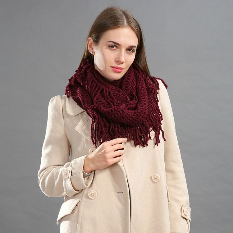 Pure Color Stickning Hollow Out Tofs Scarf För Kvinnor