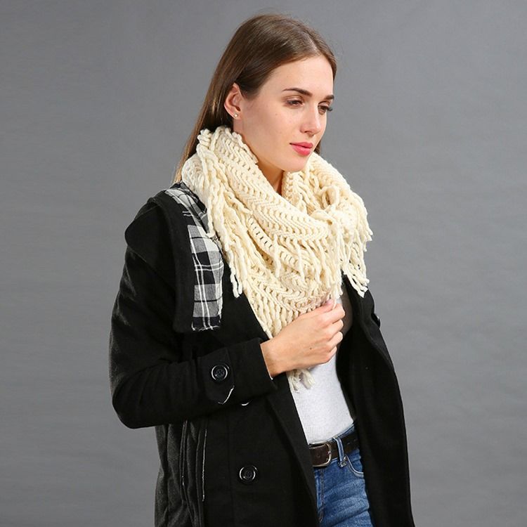 Pure Color Stickning Hollow Out Tofs Scarf För Kvinnor