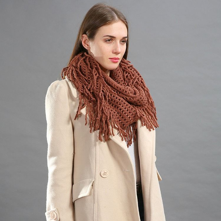 Pure Color Stickning Hollow Out Tofs Scarf För Kvinnor