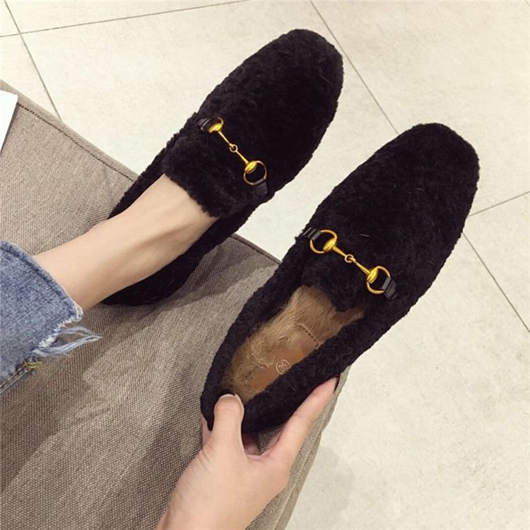 Fuskpälsblockklack Rund Tå Slip-On Damkläder