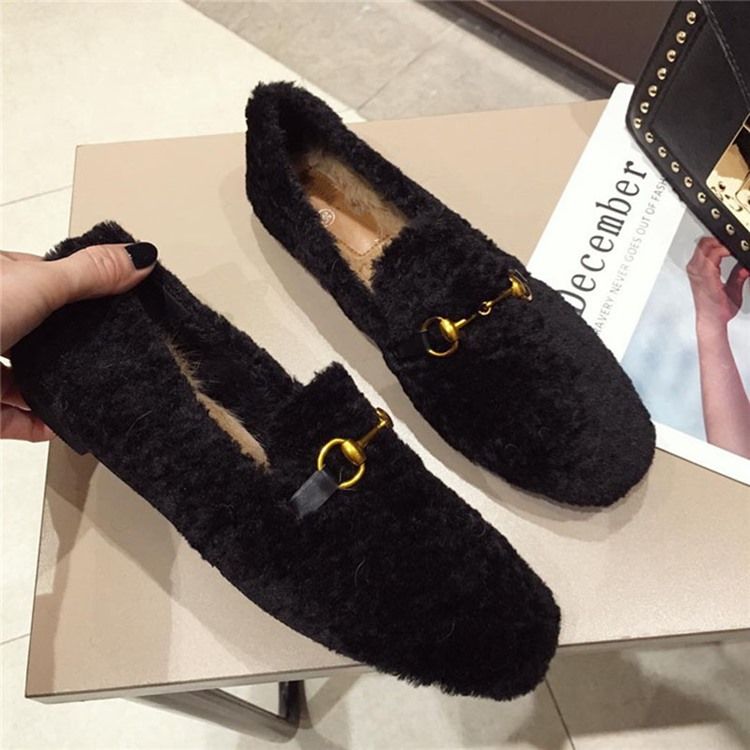 Fuskpälsblockklack Rund Tå Slip-On Damkläder