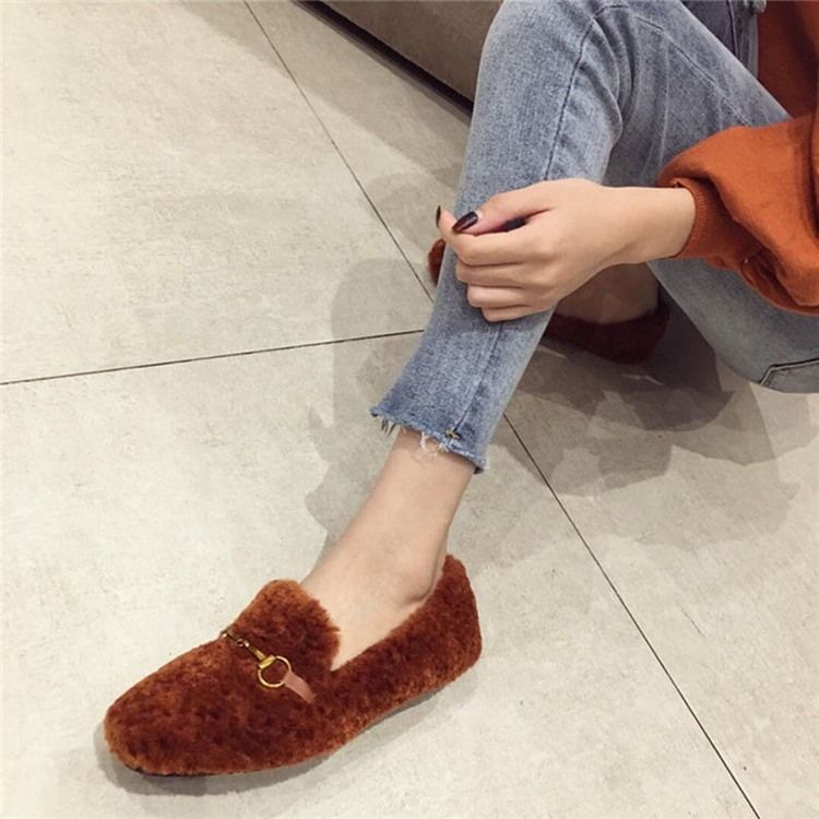 Fuskpälsblockklack Rund Tå Slip-On Damkläder