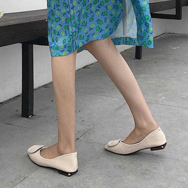 Pu Block Heel Slip-On Square Toe Dam Platta skor