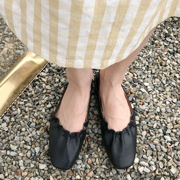 Pu Square Toe Slip-On Block Heel Dam Platta skor