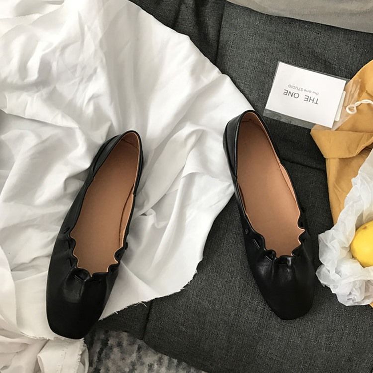 Pu Square Toe Slip-On Block Heel Dam Platta skor