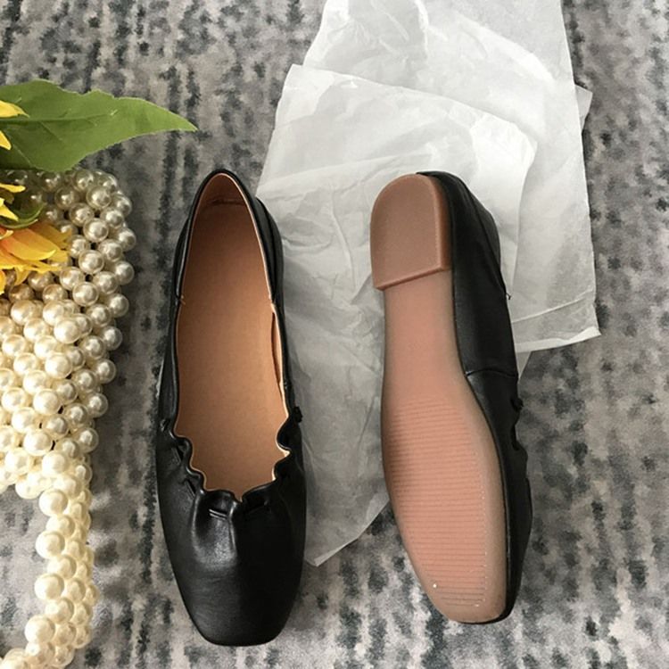 Pu Square Toe Slip-On Block Heel Dam Platta skor