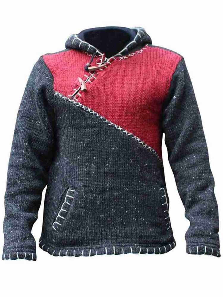 Standard Hooded Color Block European Straight Sweater