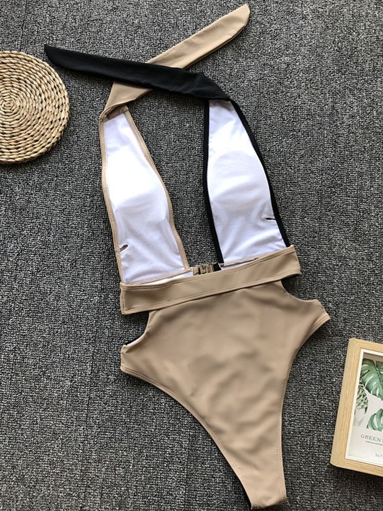 One Piece Deep-V Color Block Sexiga Badkläder
