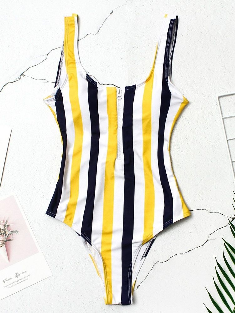 One Piece Stripe Dragkedja Color Block Stretchiga Badkläder