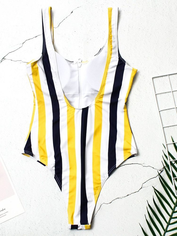 One Piece Stripe Dragkedja Color Block Stretchiga Badkläder