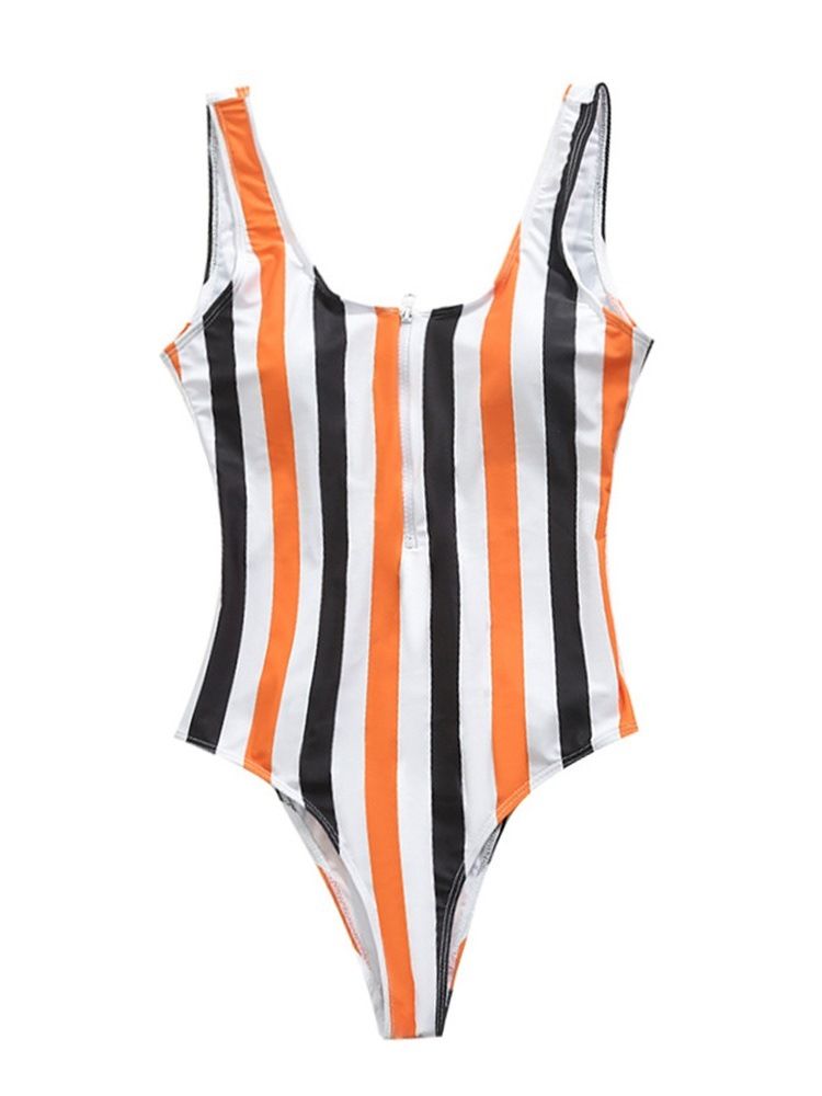 One Piece Stripe Dragkedja Color Block Stretchiga Badkläder