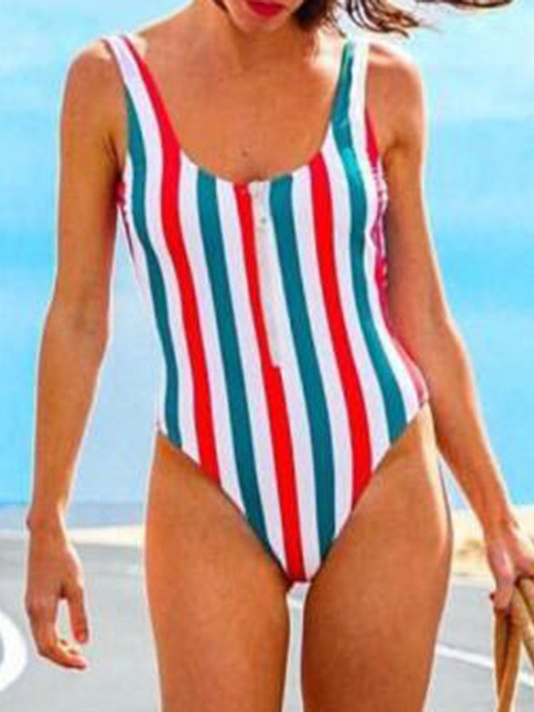 One Piece Stripe Dragkedja Color Block Stretchiga Badkläder