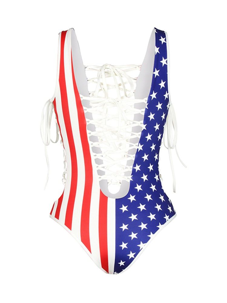 Sexig American Flag Print Ihåliga Badkläder