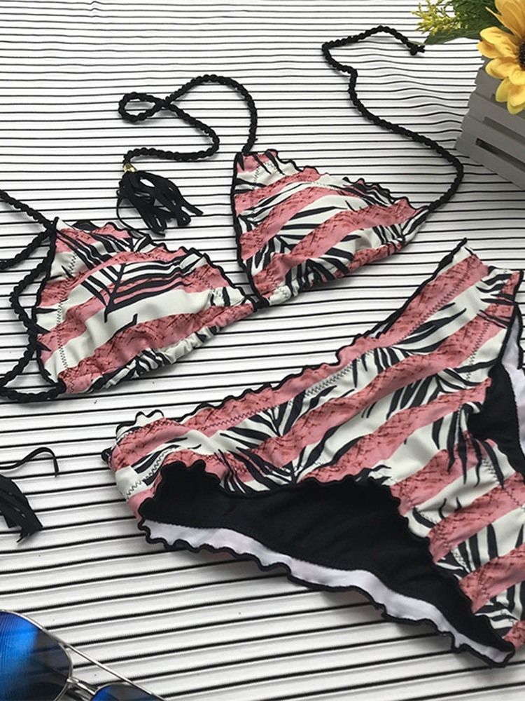 Stripe Color Block Baddräkt Med Snörning