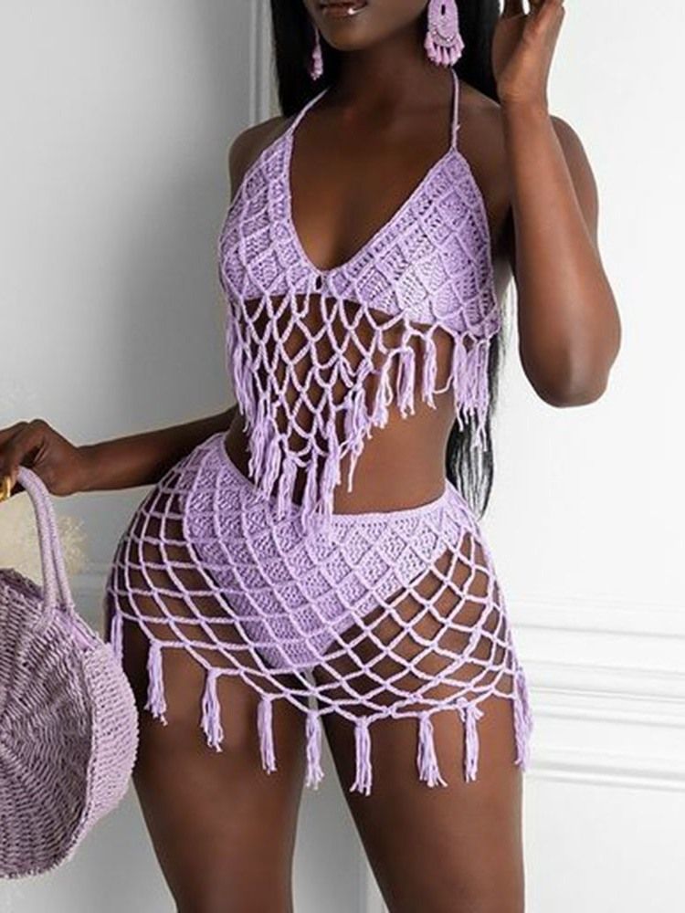 Tankini Set Tassel Plain Badkläder Strandkläder