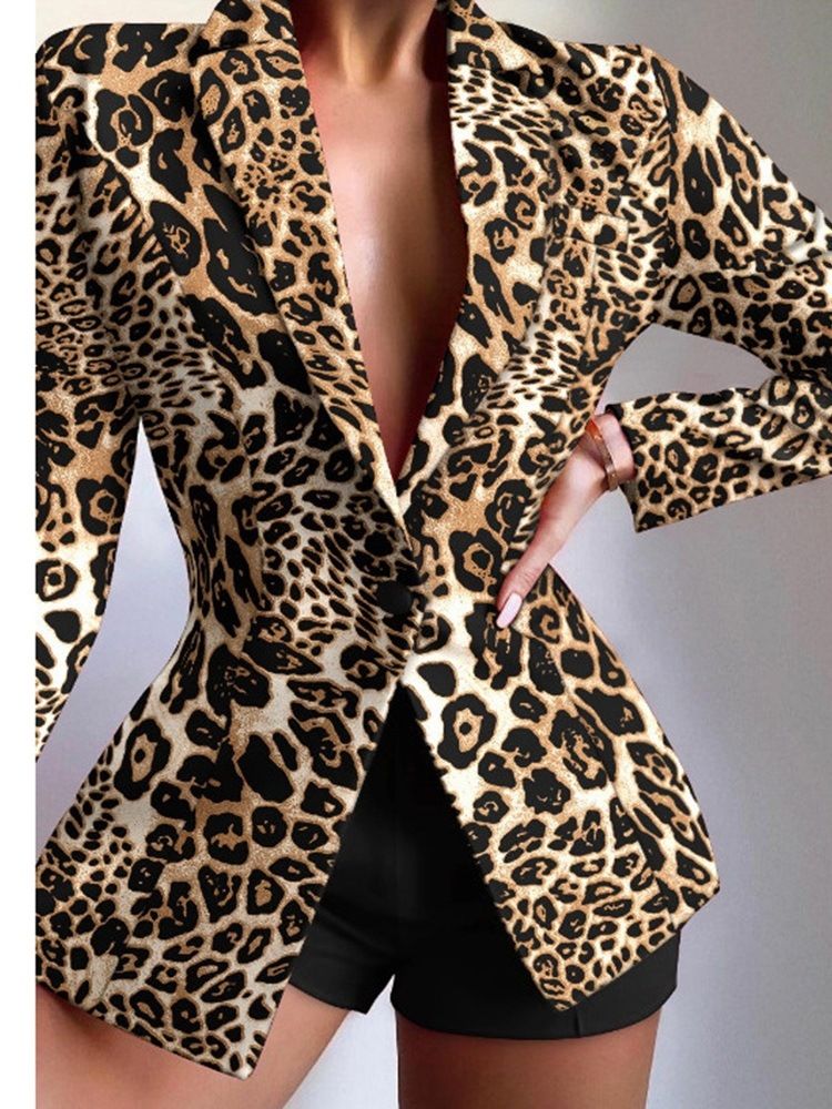 En Knapp Leopard Naggad Lapel Spring Mellanlängd Casual Blazer
