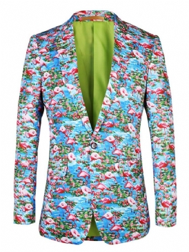 Flamingotryckt Color Block Slim Blazer För Män