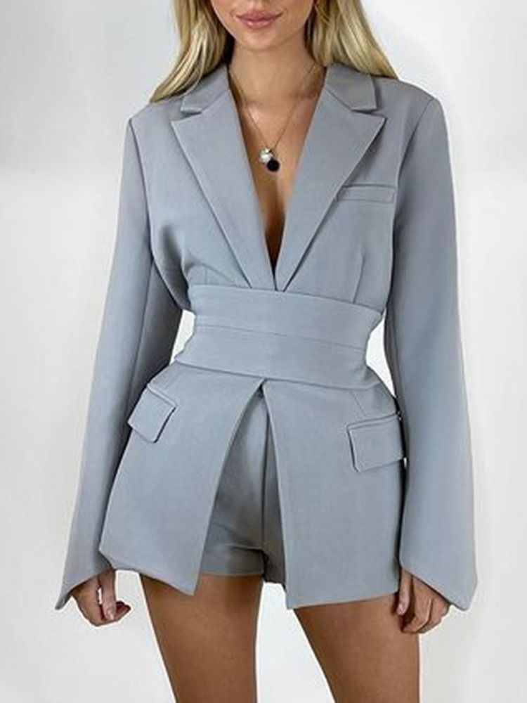 Lace-Up Lapel Lapel Långärmad Mellanlängd Casual Blazer För Kvinnor