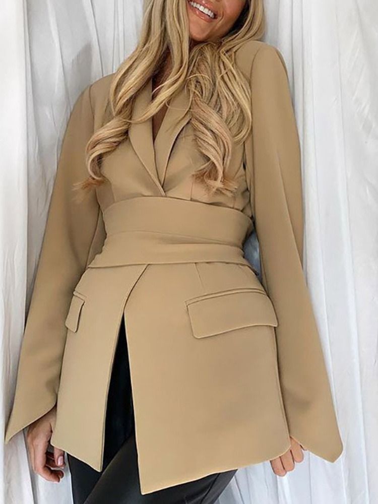 Lace-Up Lapel Lapel Långärmad Mellanlängd Casual Blazer För Kvinnor