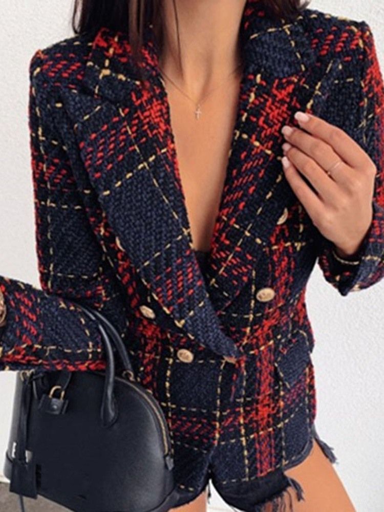Långärmad Dubbelknäppt Pläd Vanlig Mellanlång Casual Blazer