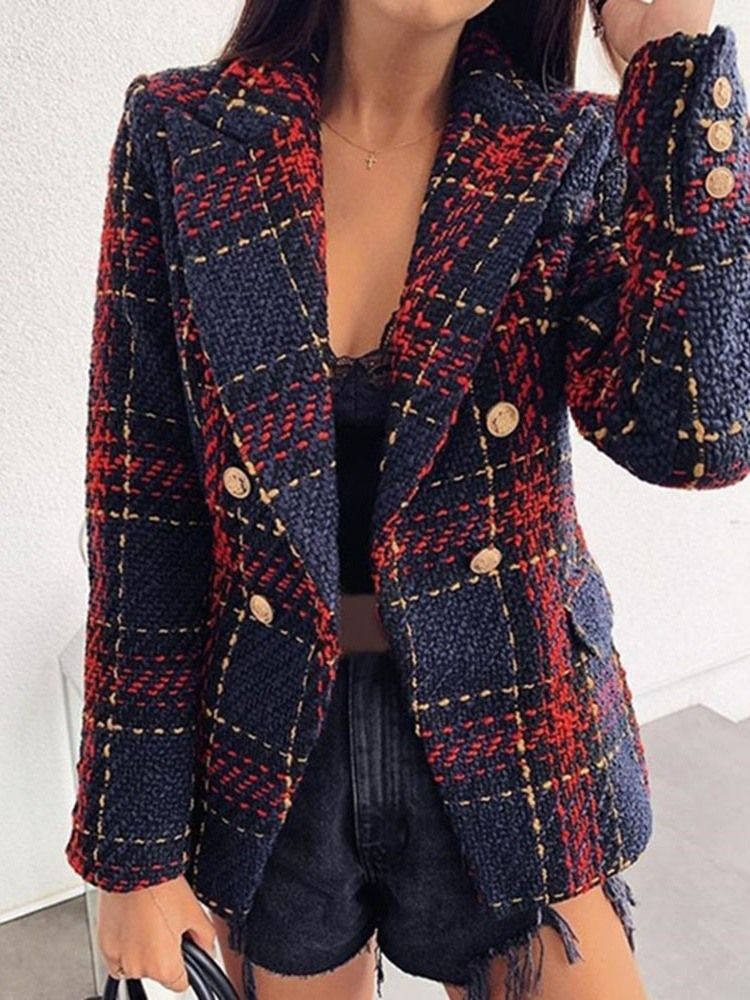 Långärmad Dubbelknäppt Pläd Vanlig Mellanlång Casual Blazer