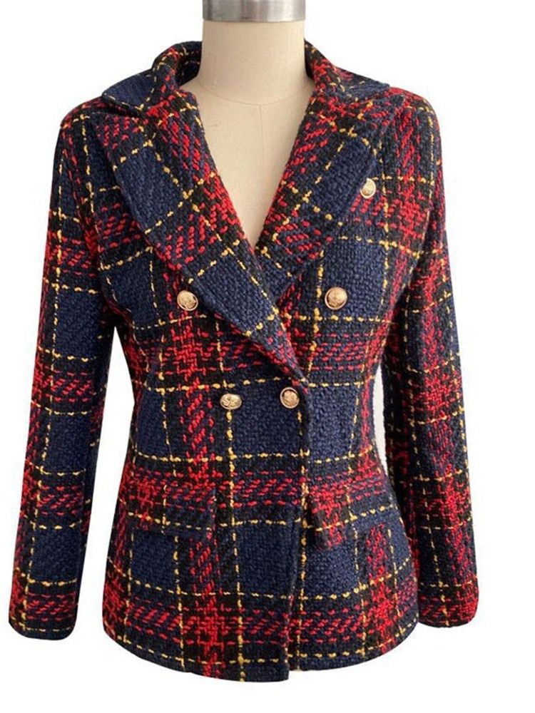 Långärmad Dubbelknäppt Pläd Vanlig Mellanlång Casual Blazer