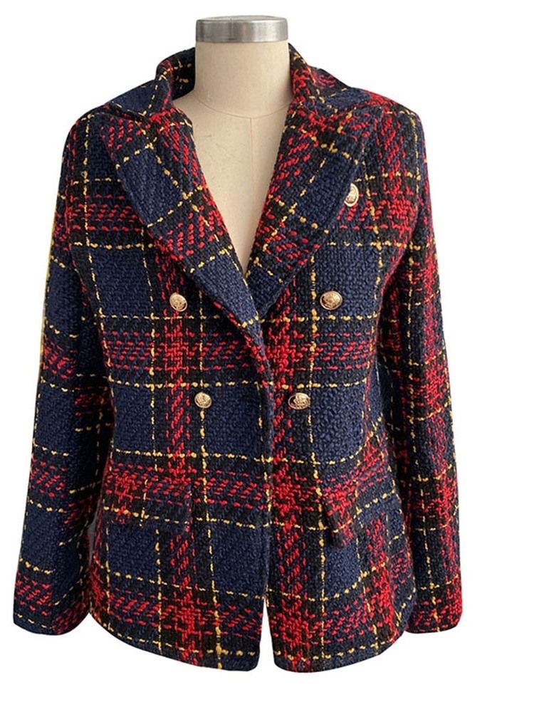 Långärmad Dubbelknäppt Pläd Vanlig Mellanlång Casual Blazer