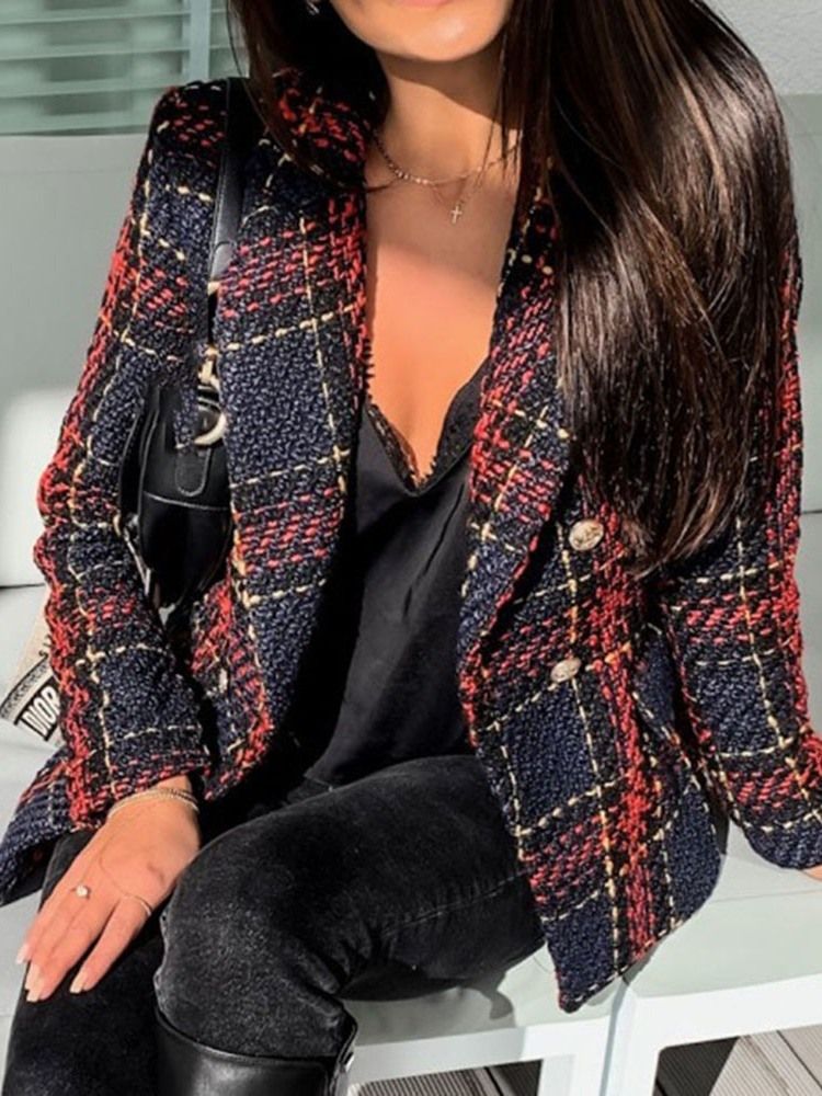 Långärmad Dubbelknäppt Pläd Vanlig Mellanlång Casual Blazer