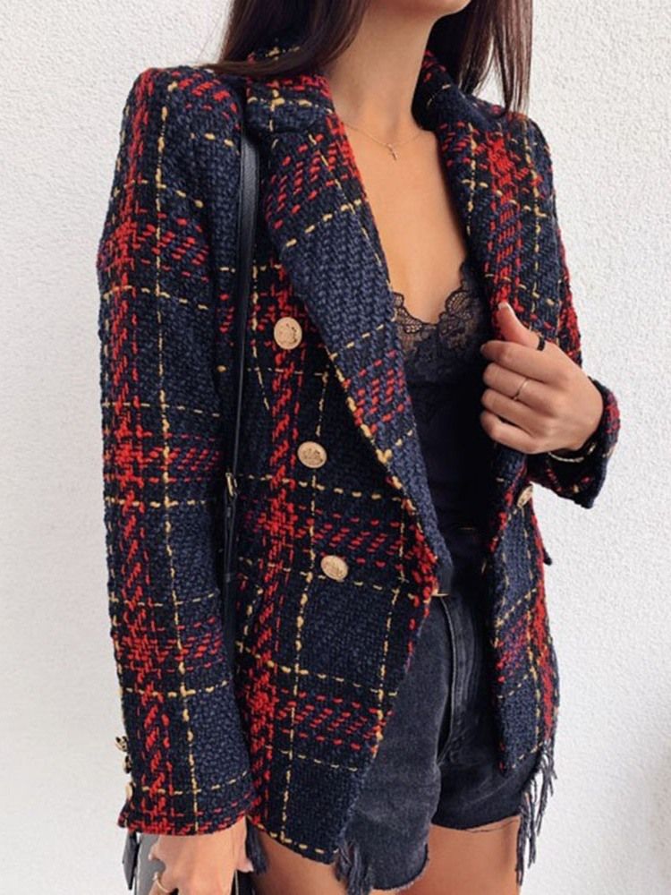 Långärmad Dubbelknäppt Pläd Vanlig Mellanlång Casual Blazer