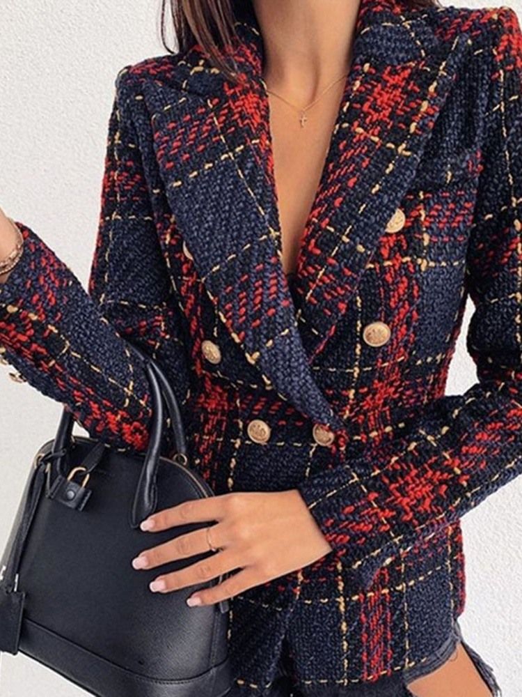 Långärmad Dubbelknäppt Pläd Vanlig Mellanlång Casual Blazer