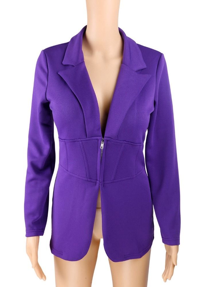 Långärmad Lapel Blixtlås Fjäder Mellanlång Casual Blazer