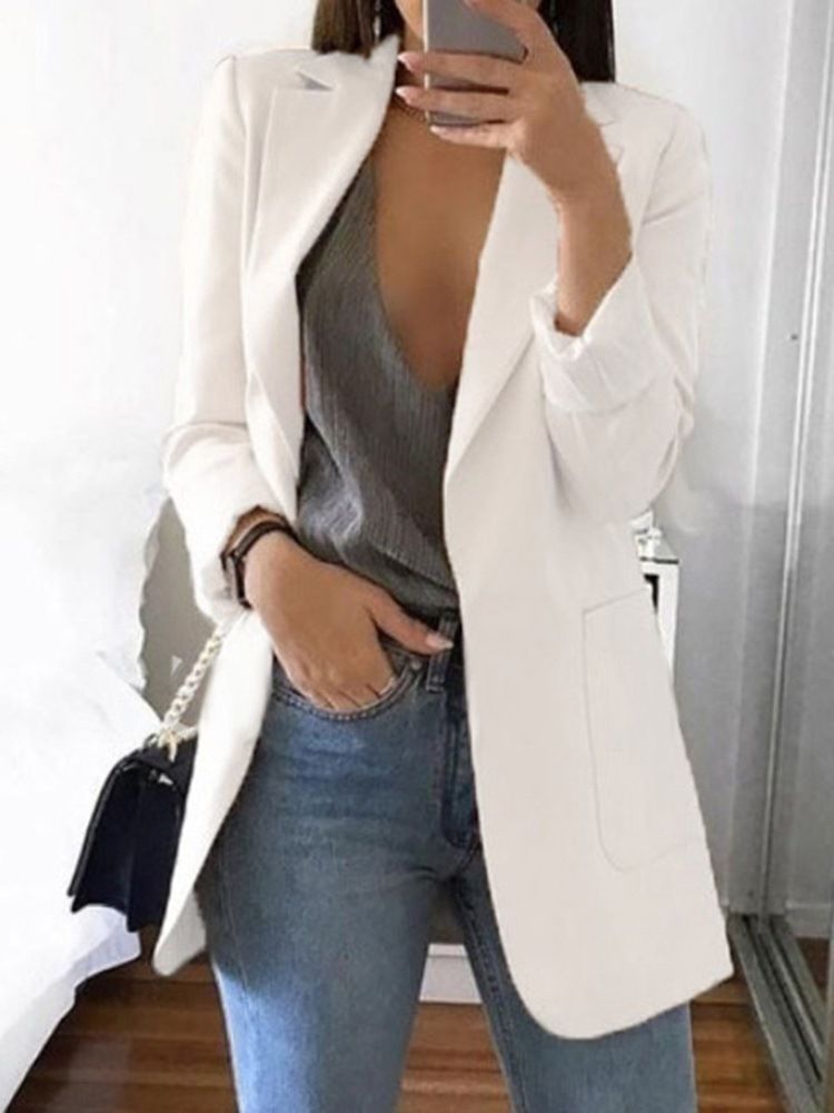 Vanligt Hackad Kavaj Långärmad Fall Mellanlängd Casual Blazer