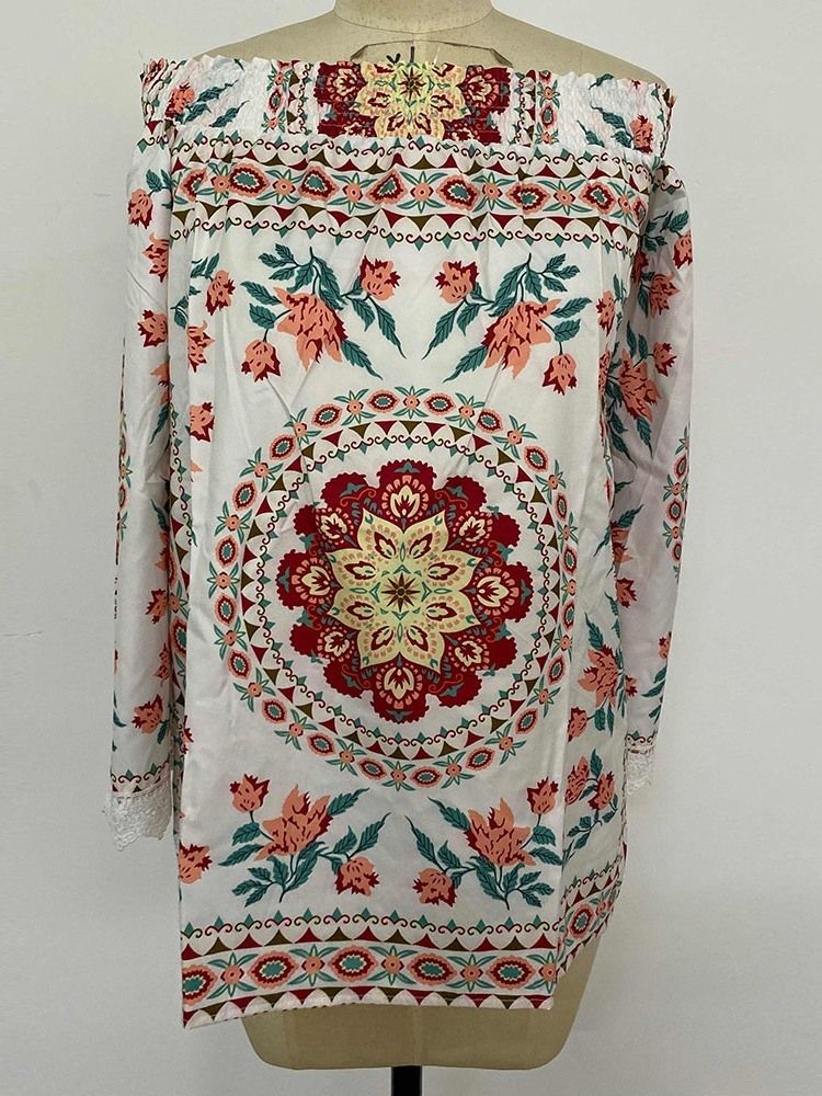 Blommig Långärmad Off Shoulder Casual Lös T-Shirt För Kvinnor