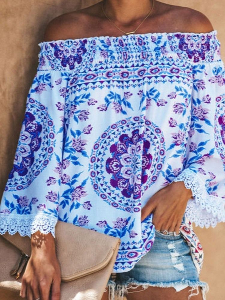Blommig Långärmad Off Shoulder Casual Lös T-Shirt För Kvinnor