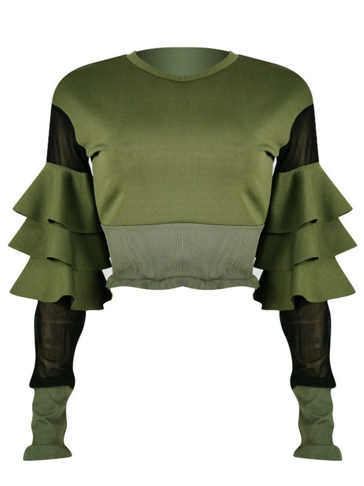 Färgblock Rund Hals Långärmad Mode Slimmad T-Shirt