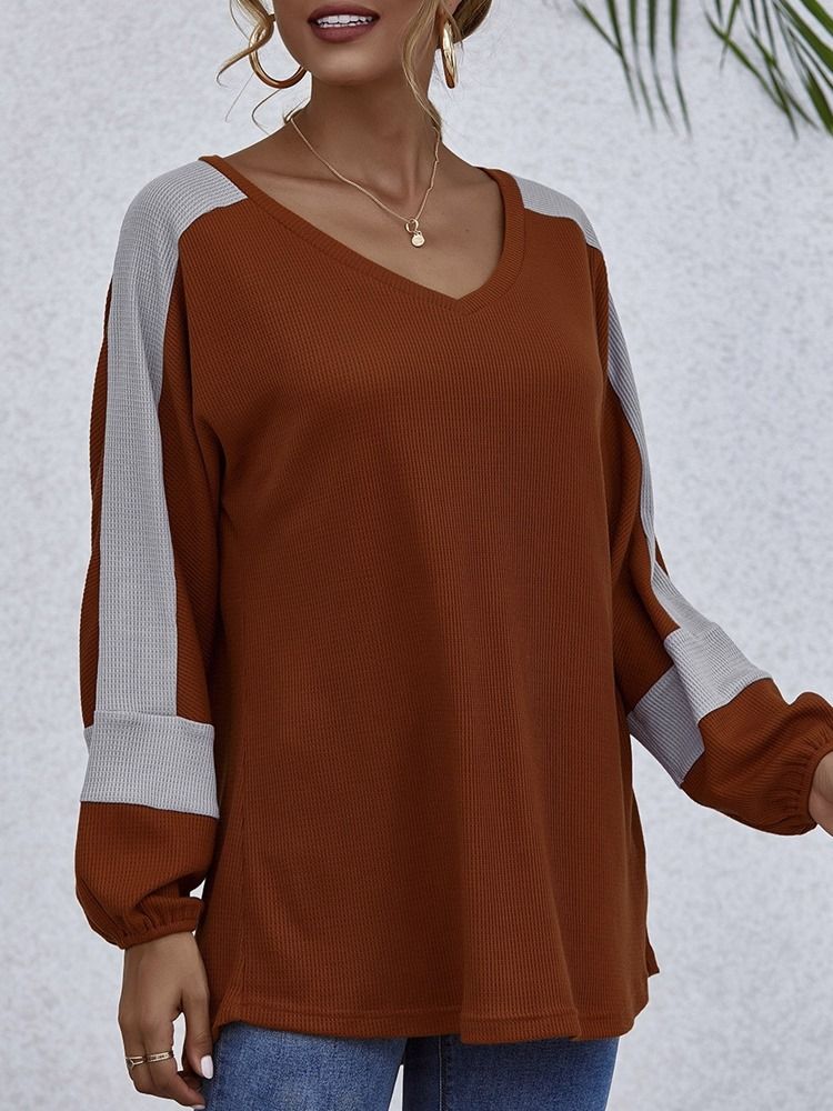 Färgblock V-Hals Medellång Höst Västerländsk T-Shirt För Kvinnor
