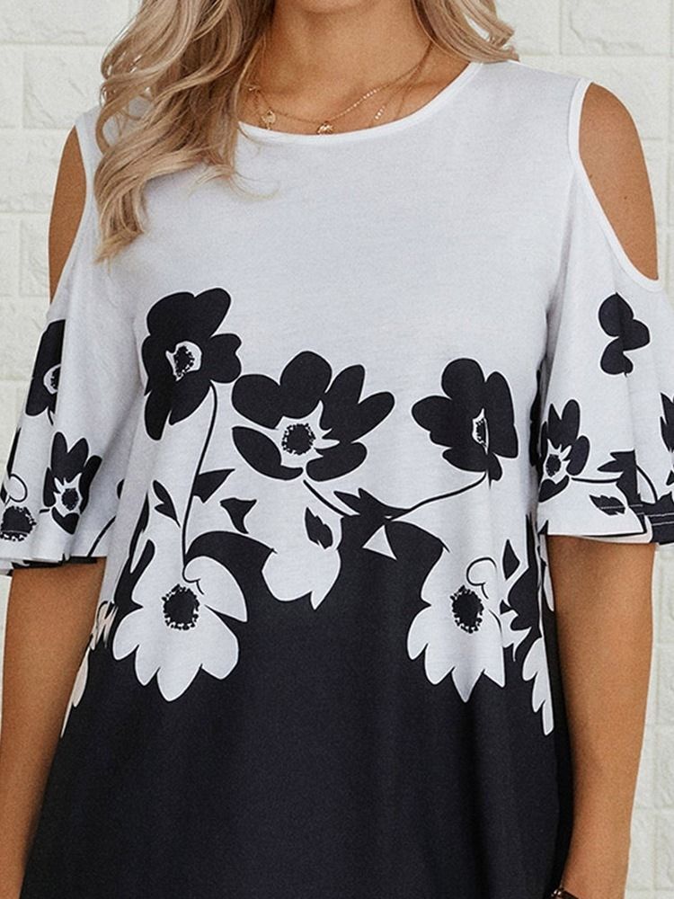 Halvärm Standard Blommig Slim Casual T-Shirt