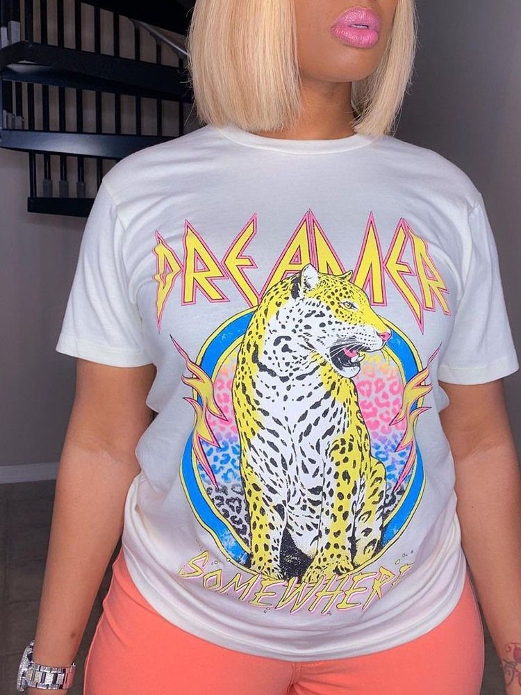Kortärmad Bokstav Med Rund Hals Casual Slim T-Shirt För Kvinnor