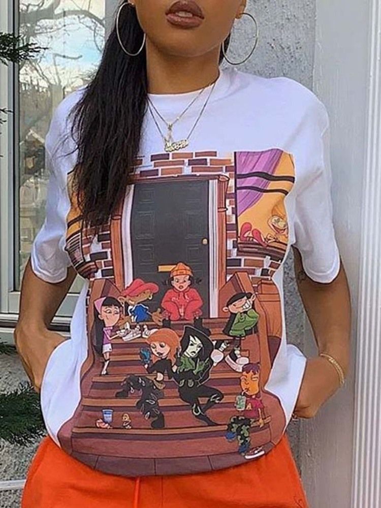 Kortärmad Färgblock Rund Hals Lös Casual T-Shirt För Kvinnor