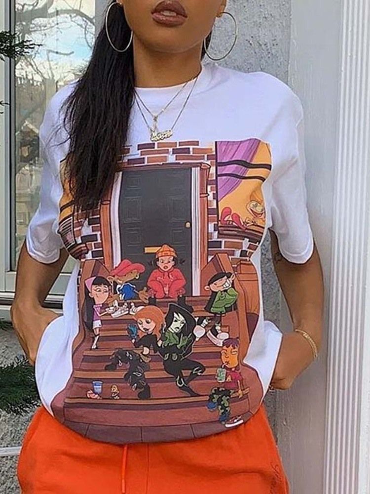 Kortärmad Färgblock Rund Hals Lös Casual T-Shirt För Kvinnor