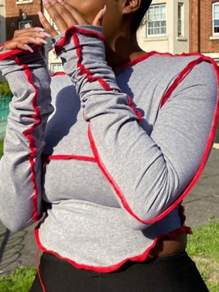 Långärmad Rundhalsad Färgblock Slim T-Shirt För Kvinnor