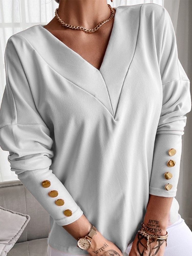 Långärmad V-Ringad Vanlig Office Lady Spring T-Shirt