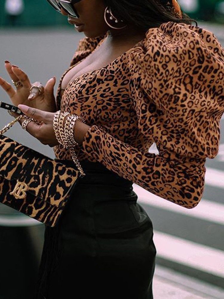 Leopard V-Ringad Kort Västerländsk Slim T-Shirt För Kvinnor