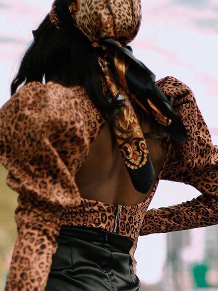 Leopard V-Ringad Kort Västerländsk Slim T-Shirt För Kvinnor