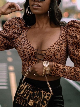 Leopard V-Ringad Kort Västerländsk Slim T-Shirt För Kvinnor
