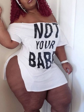 Off Shoulder Mellanlångt Letter Lös T-Shirt Dam Plus Size