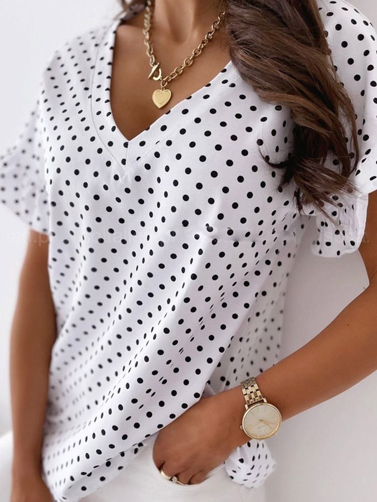 Polka Dots Standard Kortärmad Mode Lös T-Shirt För Kvinnor