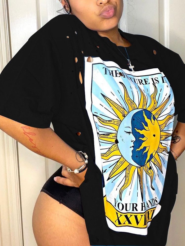 Rundhalsad Medellånga Bokstavsmode T-Shirt För Kvinnor